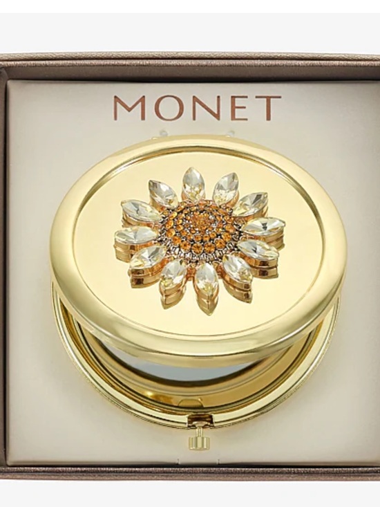 Monet Accessories - Monet Gold Floral Sunflower Jeweled Compact Mirror